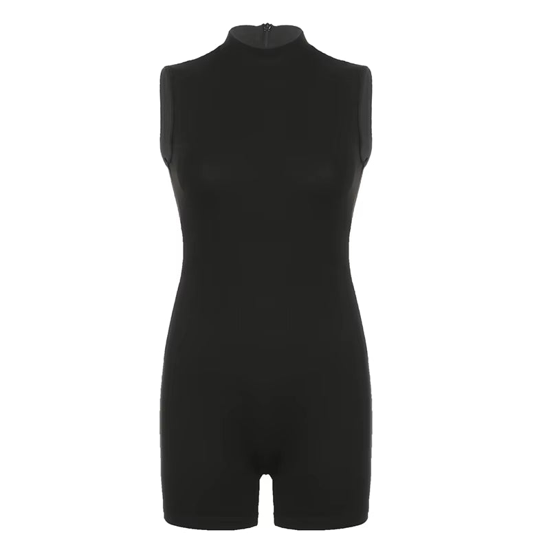 Casual Jogger Bodycon Rompers Solid Black Sleeveless Turtleneck Women'S Fitness Sports Jumpsuits Basic All-Match Outfits