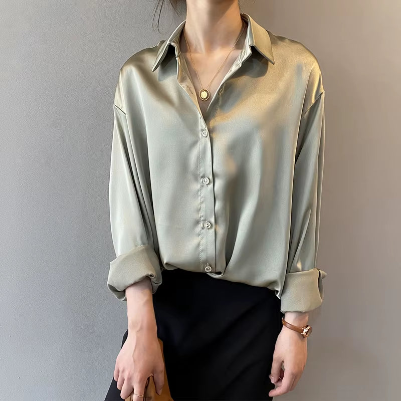 Elegant Satin Loose Women Shirt Spring Turn-Down Collar Ladies Blouse Autumn Vintage Casual Button Silk Tops