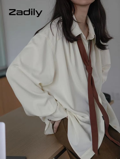 2025 Spring Minimalist Long Sleeve Button up Shirt Women Korean Style Solid Tie Oversize Shirts Blouse Loose Clothes Autumn Tops