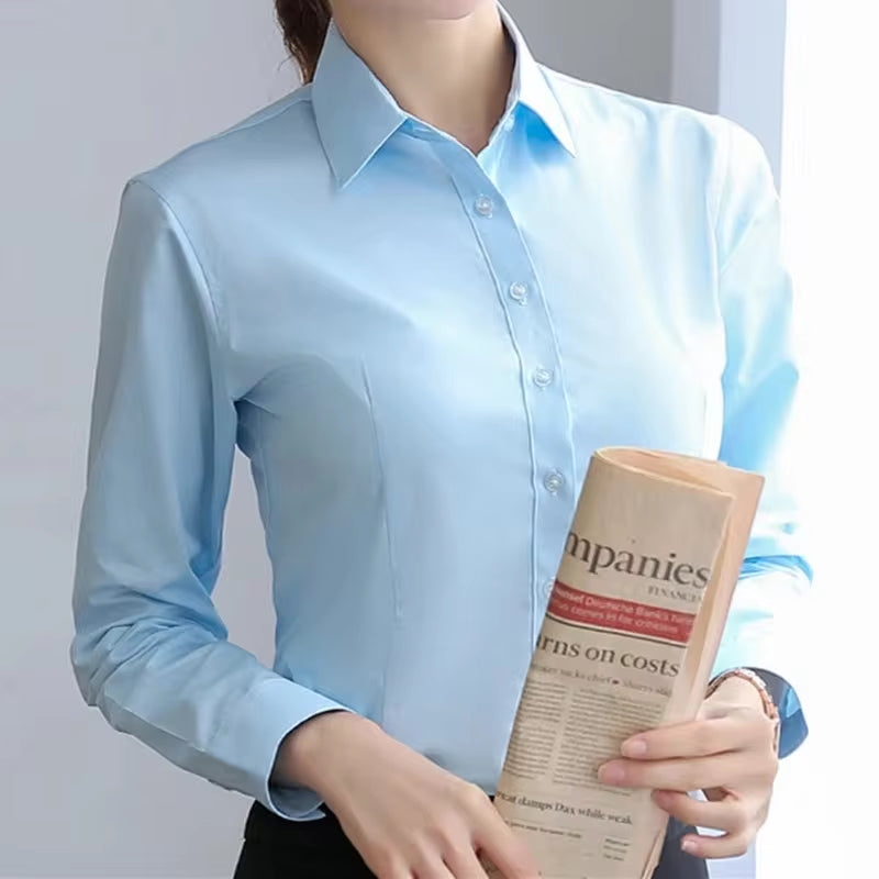 Elegant Women Shirts Woman White Shirt Long Sleeve Blouse Office Lady Business Pink Shirts Button Solid Women Work Blouses Tops