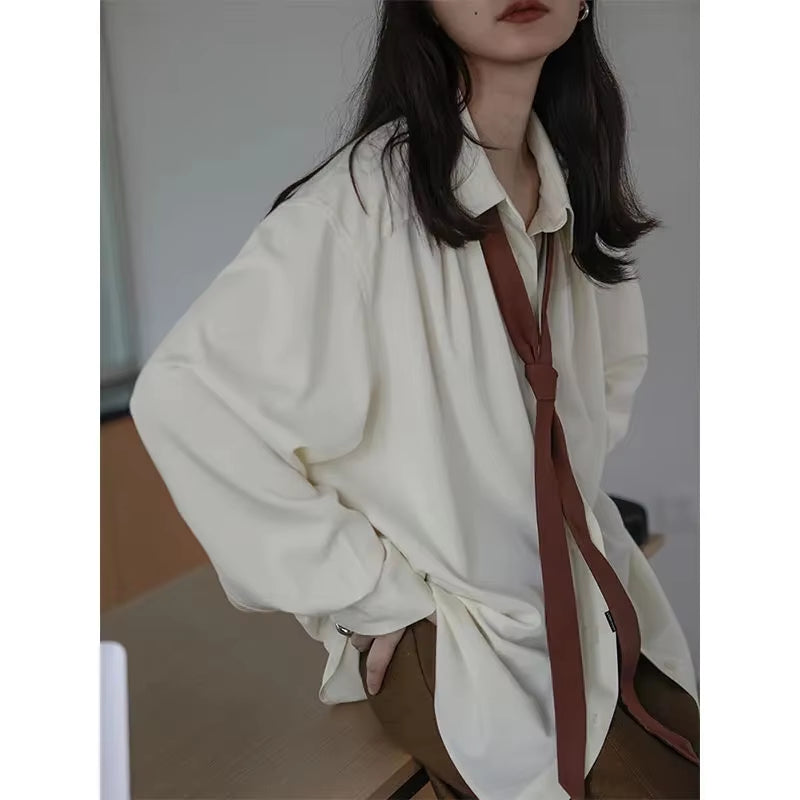 2025 Spring Minimalist Long Sleeve Button up Shirt Women Korean Style Solid Tie Oversize Shirts Blouse Loose Clothes Autumn Tops