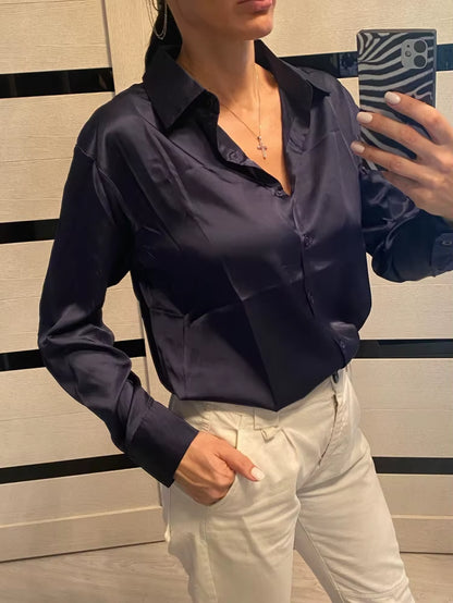 Elegant Satin Loose Women Shirt Spring Turn-Down Collar Ladies Blouse Autumn Vintage Casual Button Silk Tops