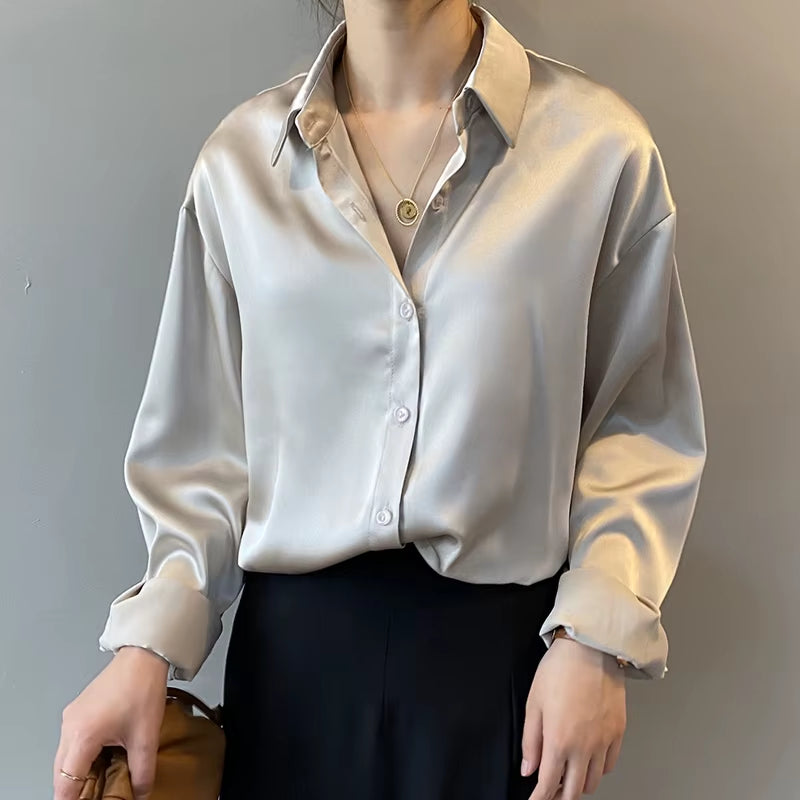 Elegant Satin Loose Women Shirt Spring Turn-Down Collar Ladies Blouse Autumn Vintage Casual Button Silk Tops