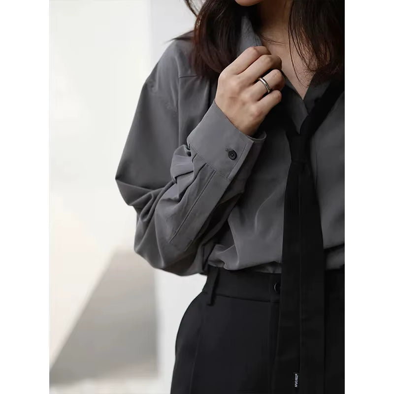 2025 Spring Minimalist Long Sleeve Button up Shirt Women Korean Style Solid Tie Oversize Shirts Blouse Loose Clothes Autumn Tops