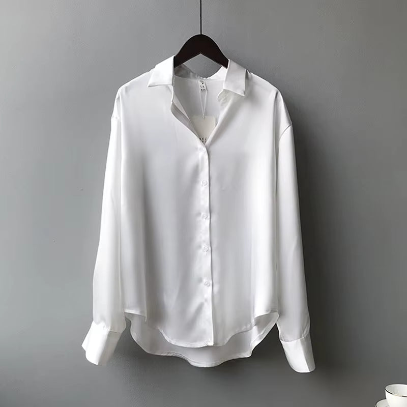 Elegant Satin Loose Women Shirt Spring Turn-Down Collar Ladies Blouse Autumn Vintage Casual Button Silk Tops