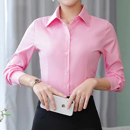 Elegant Women Shirts Woman White Shirt Long Sleeve Blouse Office Lady Business Pink Shirts Button Solid Women Work Blouses Tops